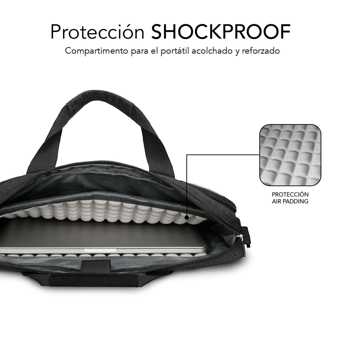 Borsa per laptop nera, aperta. Imbottitura interna visibile. Testo di protezione Air Padding.