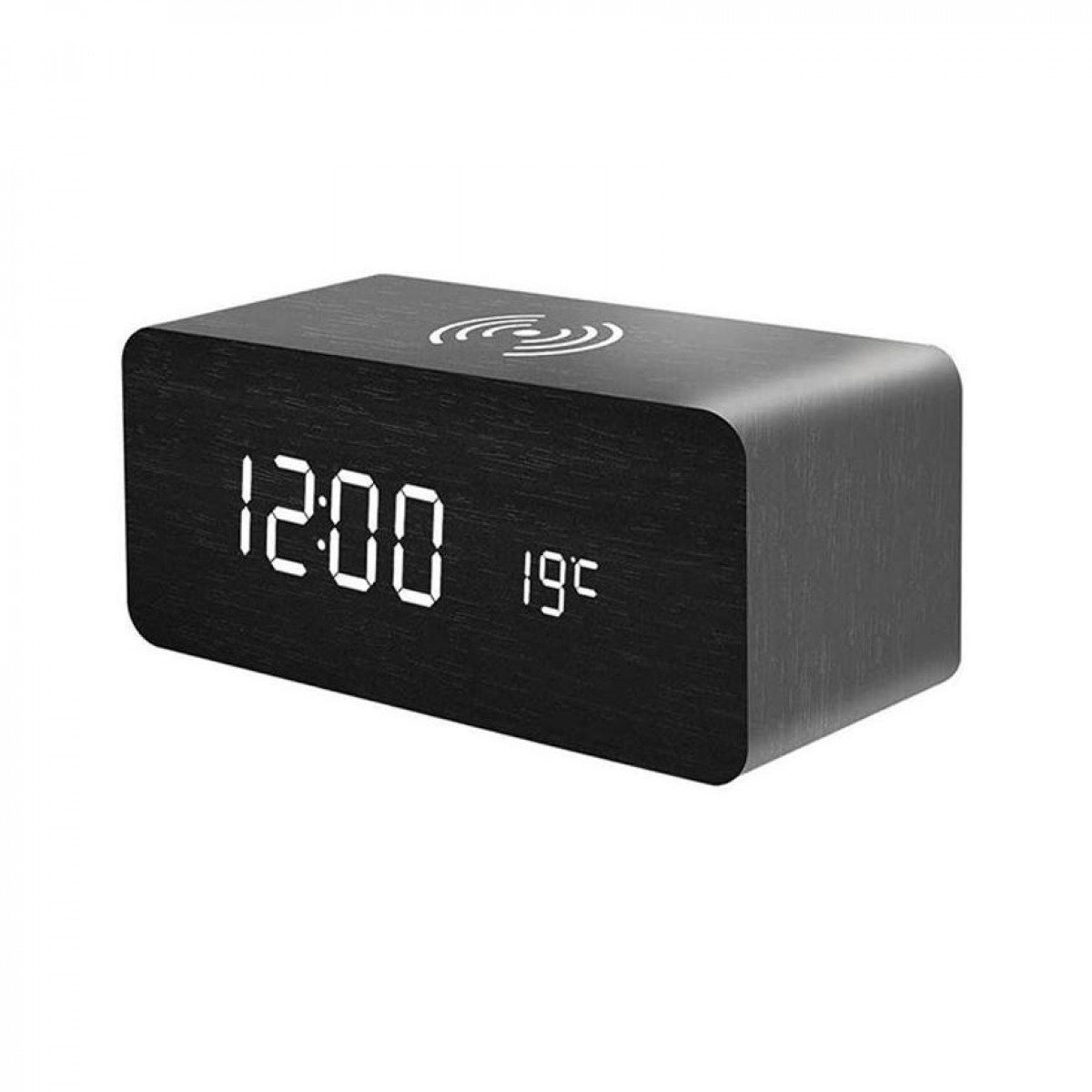 Czarny cyfrowy zegar w drewnianym stylu pokazujący 12:00 i 19°C. Na górze znajduje się symbol ładowania bezprzewodowego.