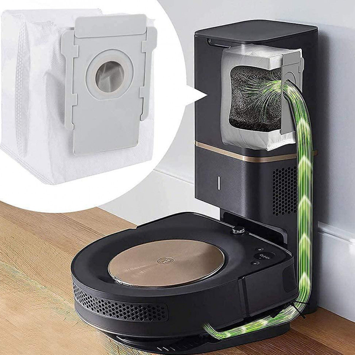 Robot odkurzający z workiem i stacją ładującą. Worek jest biały, a robot czarny.
