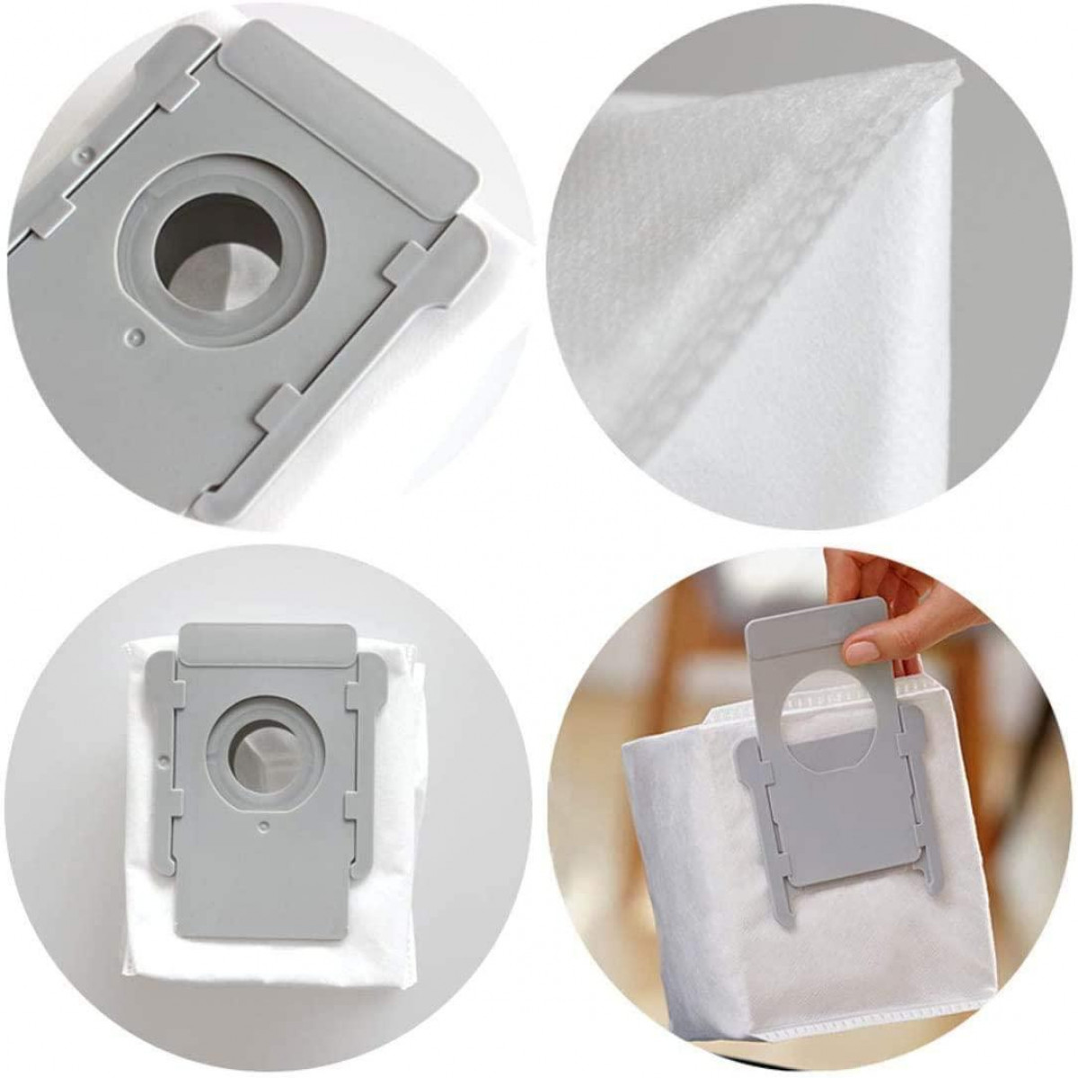 Worki do odkurzacza robota. Zbliżenia worków i dłoń wkładająca jeden z nich.