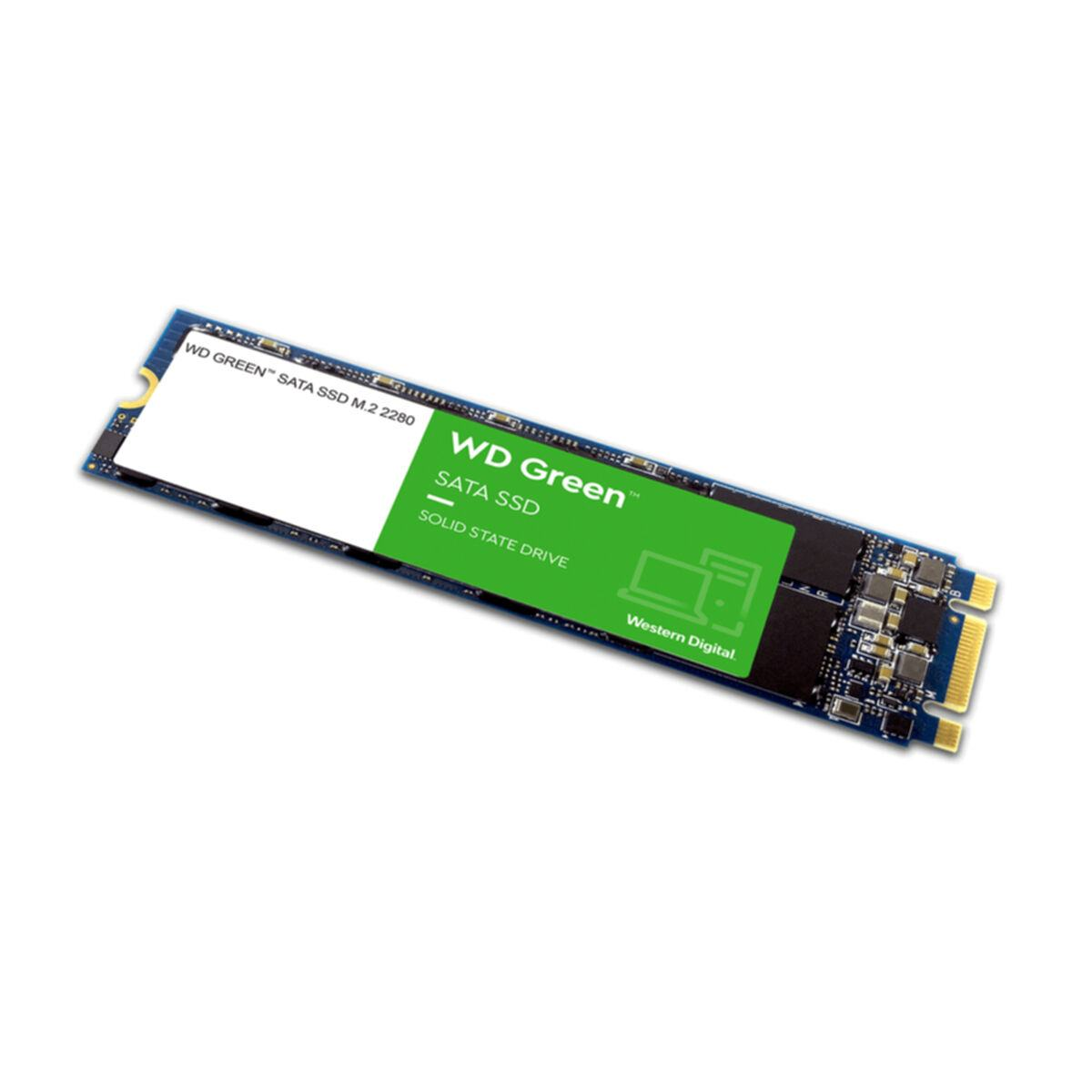 WD Green SATA SSD. Dysk półprzewodnikowy z zieloną i białą etykietą na ciemnoniebieskiej płytce drukowanej.