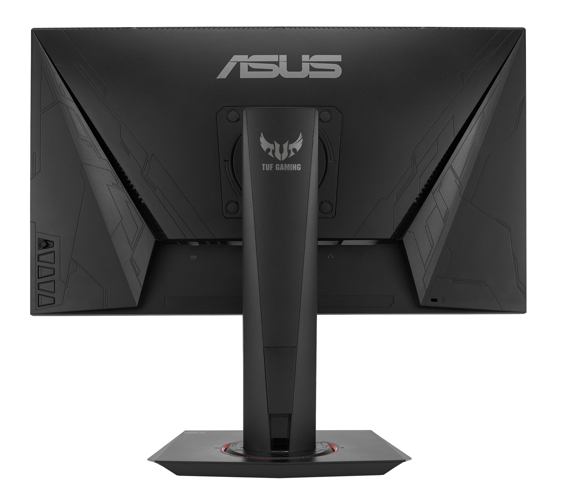 Siyah bir ASUS monitörün arkası, bir stand ile.