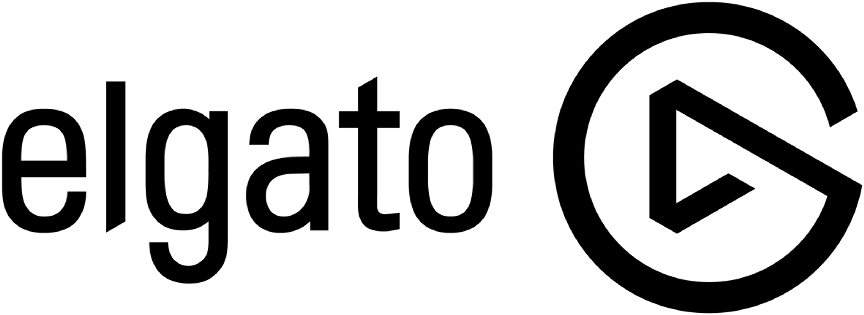 Logo Elgato, biały tekst z przyciskiem odtwarzania w czarnym okręgu.