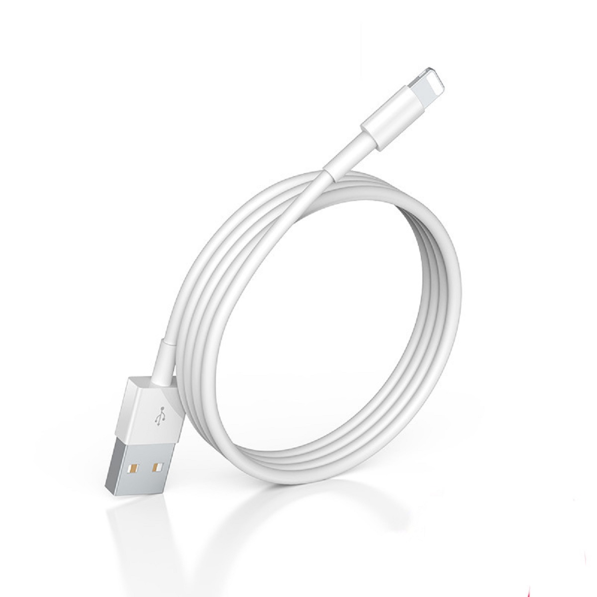 Weißes USB-zu-Lightning-Kabel, aufgerollt. Weißer Hintergrund.