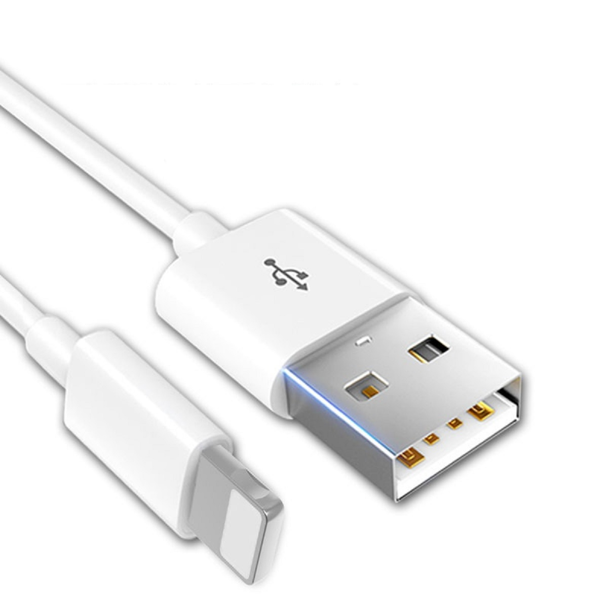 Weißes USB-zu-Lightning-Kabel. Das Kabel hat einen Lightning-Anschluss und einen USB-Anschluss.