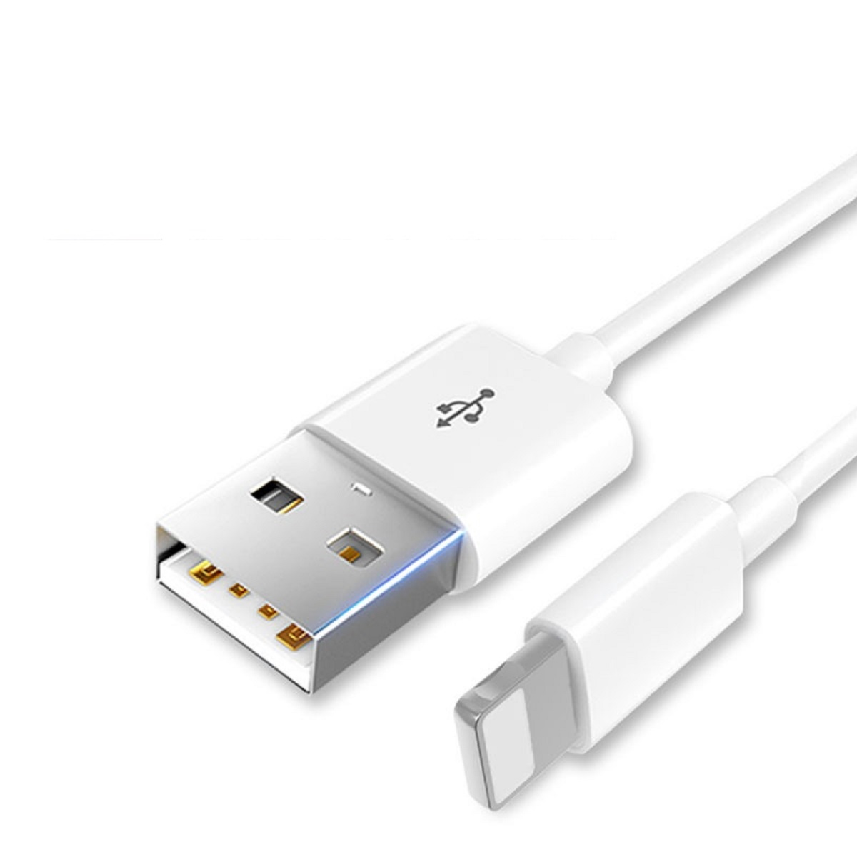 Weißes USB-auf-Lightning-Kabel mit USB-Anschluss links.