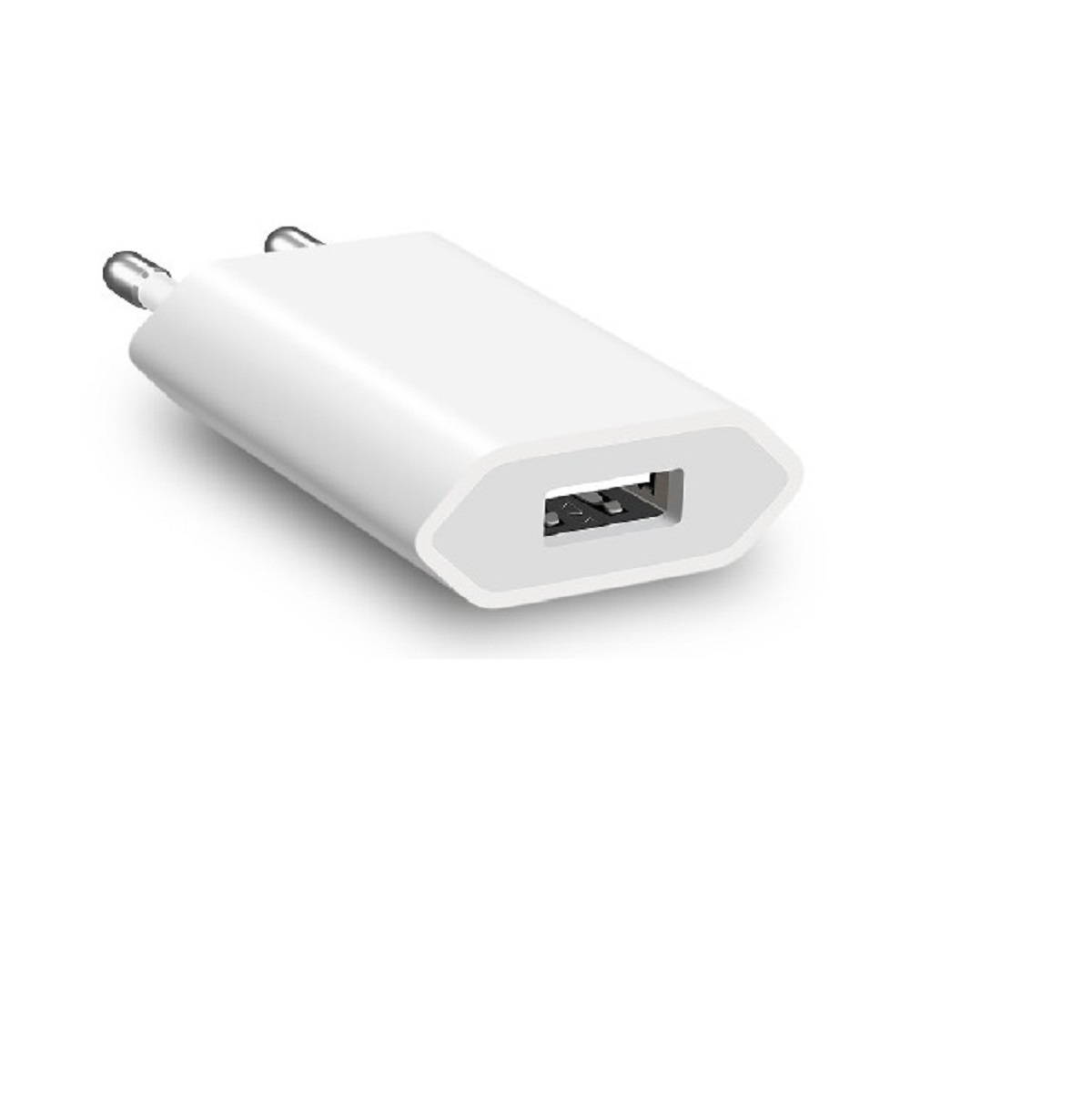 Ein weißes USB-Ladegerät mit zwei Stiften.