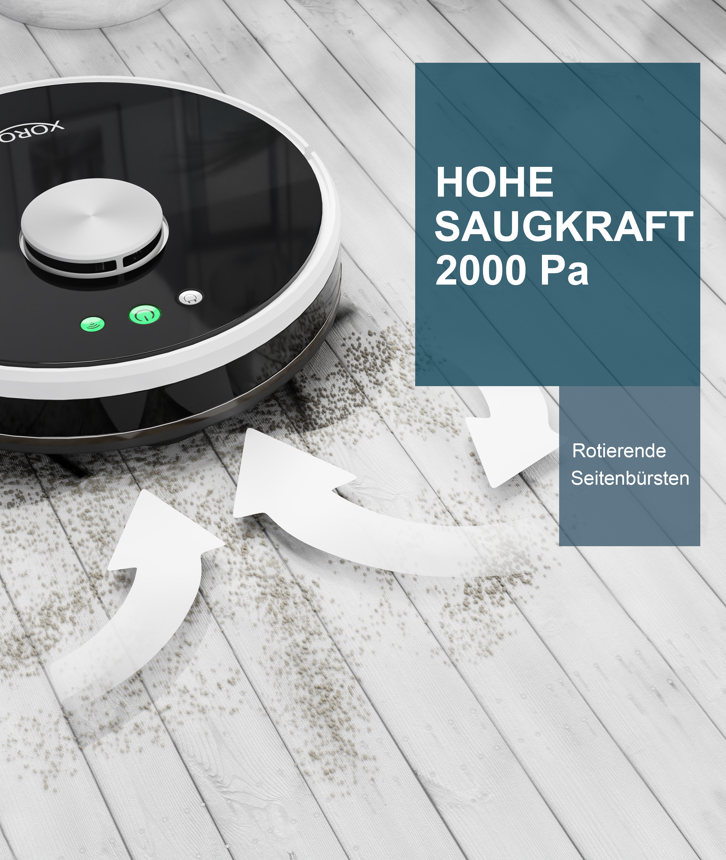 Roboter-Staubsauger auf Holzboden mit Text über hohe Saugkraft.