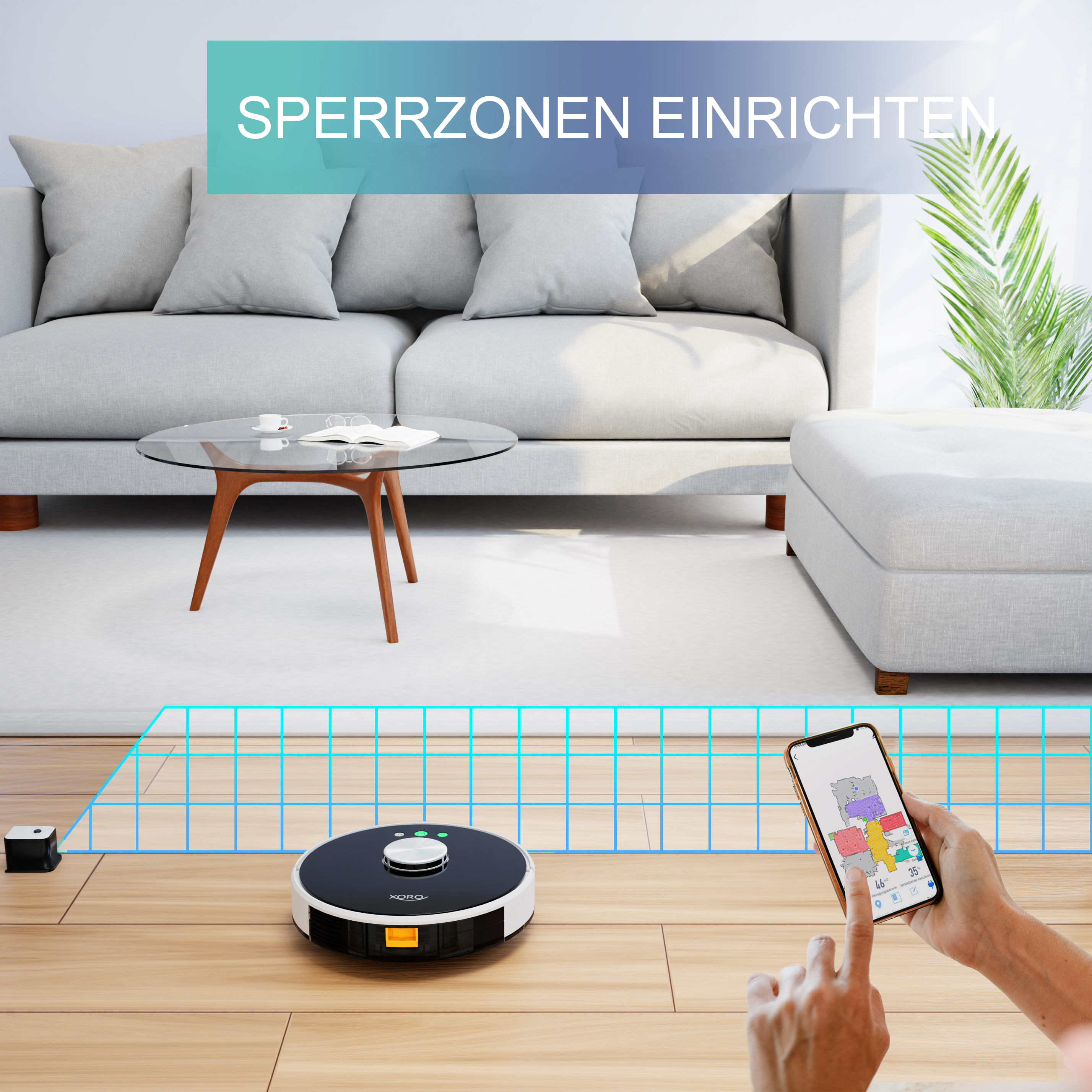Roboterstaubsauger auf Holzboden. Ein Telefon zeigt eine Reinigungs-Karte an. Couch und Tisch im Hintergrund. Text: Sperrzonen einrichten.