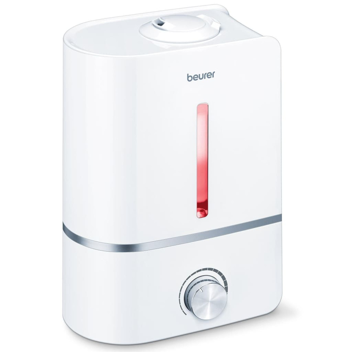 Umidificatore bianco con striscia luminosa rossa, accenti argentati e una manopola di controllo frontale.