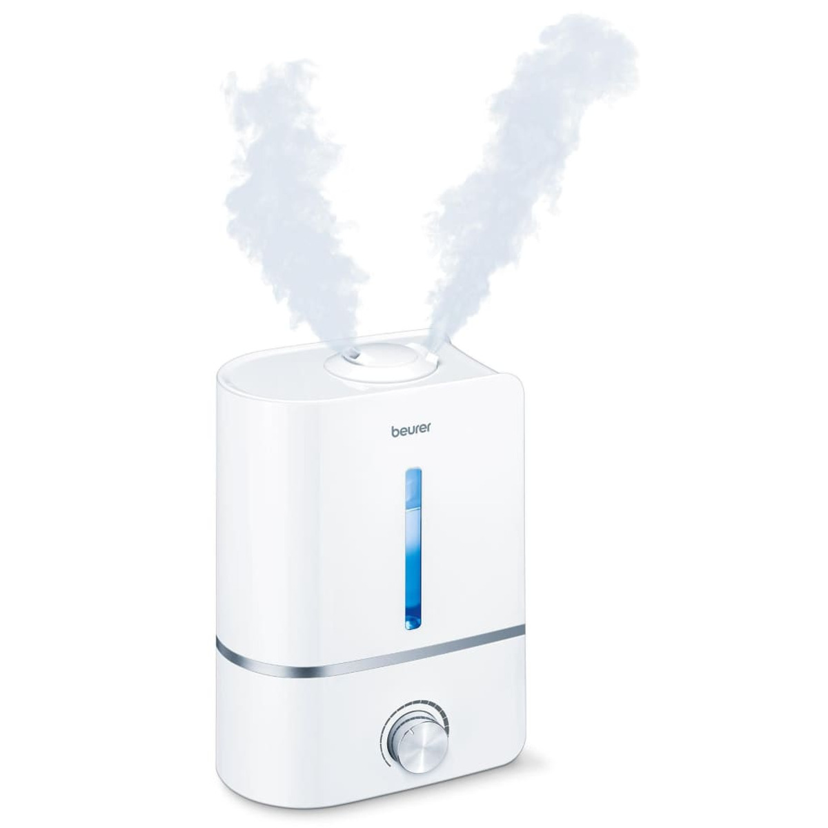 Umidificatore bianco con nebbia che esce. Ha una luce blu che mostra il livello dell'acqua.