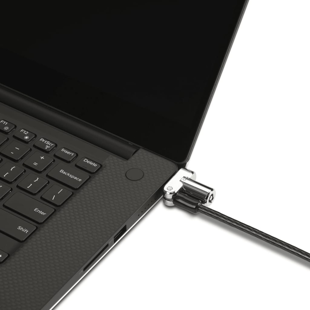 Laptop mit einem Sicherheitsverschluss an der Seite, Kabel läuft nach unten.