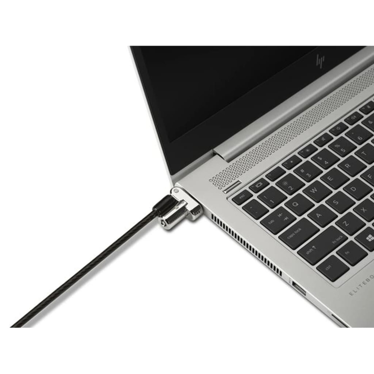 Ein silberner Laptop mit einem schwarzen Sicherheitskabel, das an der Seite des Laptops befestigt ist.