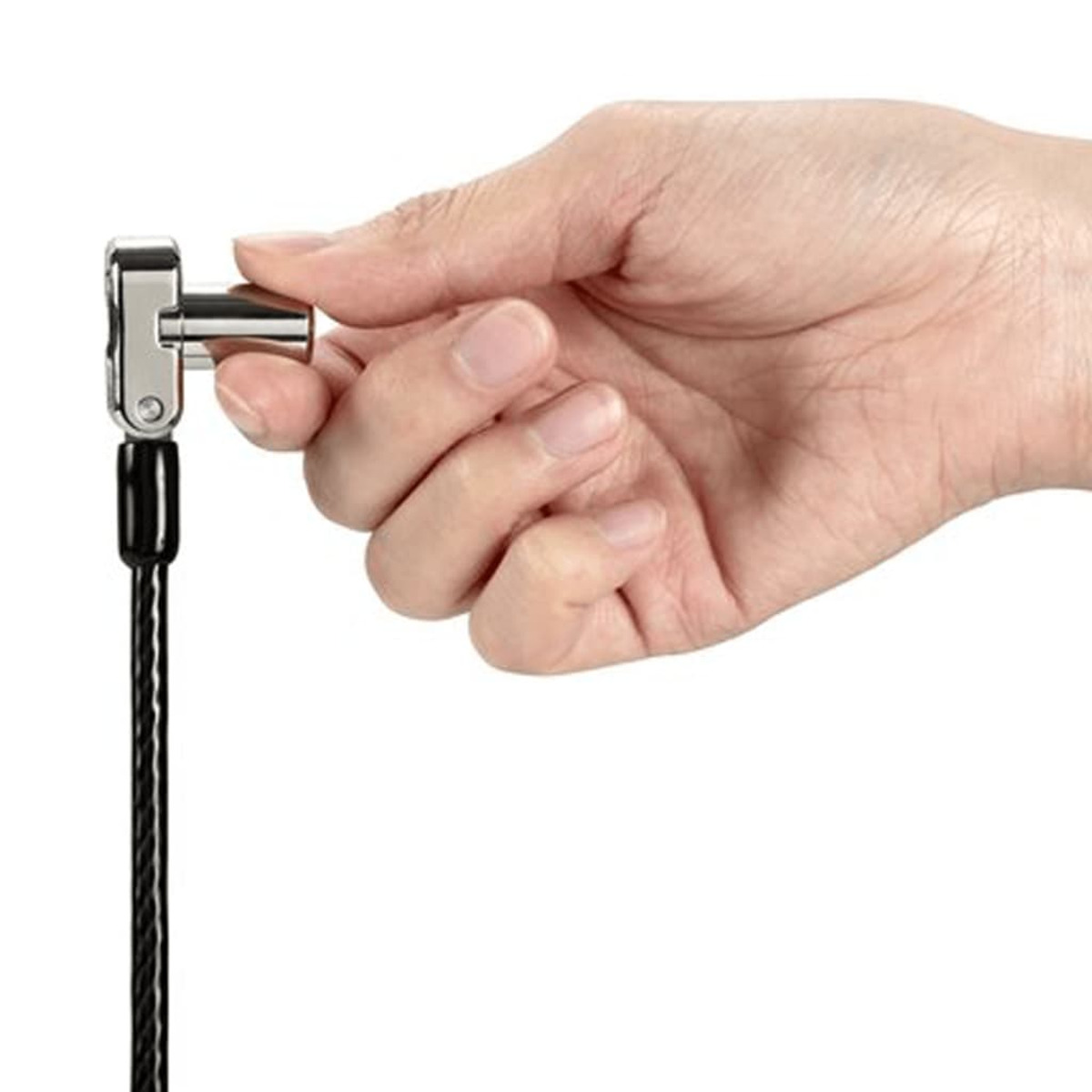 Eine Hand, die ein Metall-Sicherheitskabelschloss hält.