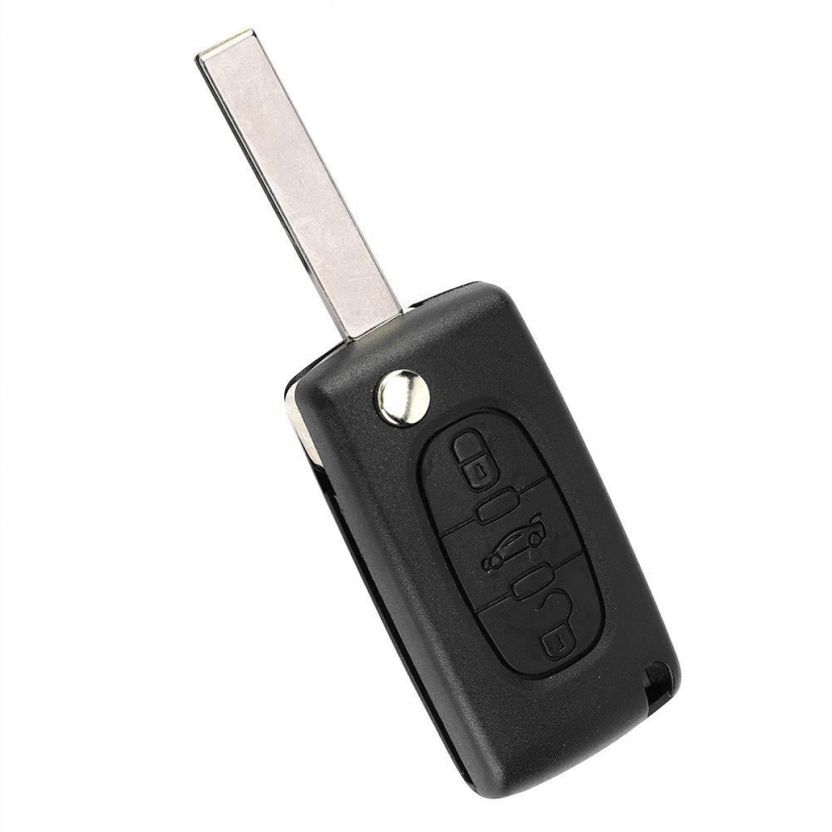 Schwarzer Autoschlüssel mit drei Knöpfen. Die Schlüsselklinge ist silber.