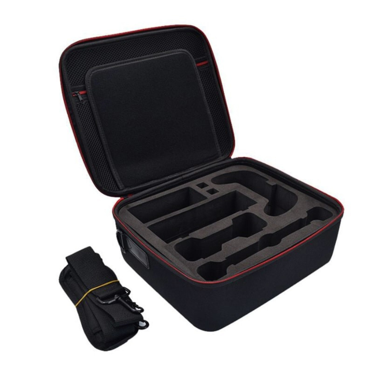 A black carrying case with foam inserts. There is a shoulder strap and the case is open.