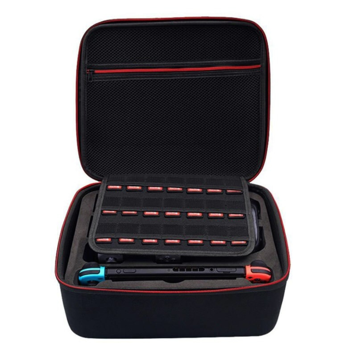 Black carrying case open. Holds a Nintendo Switch, extra joy-cons and game cartridges.
