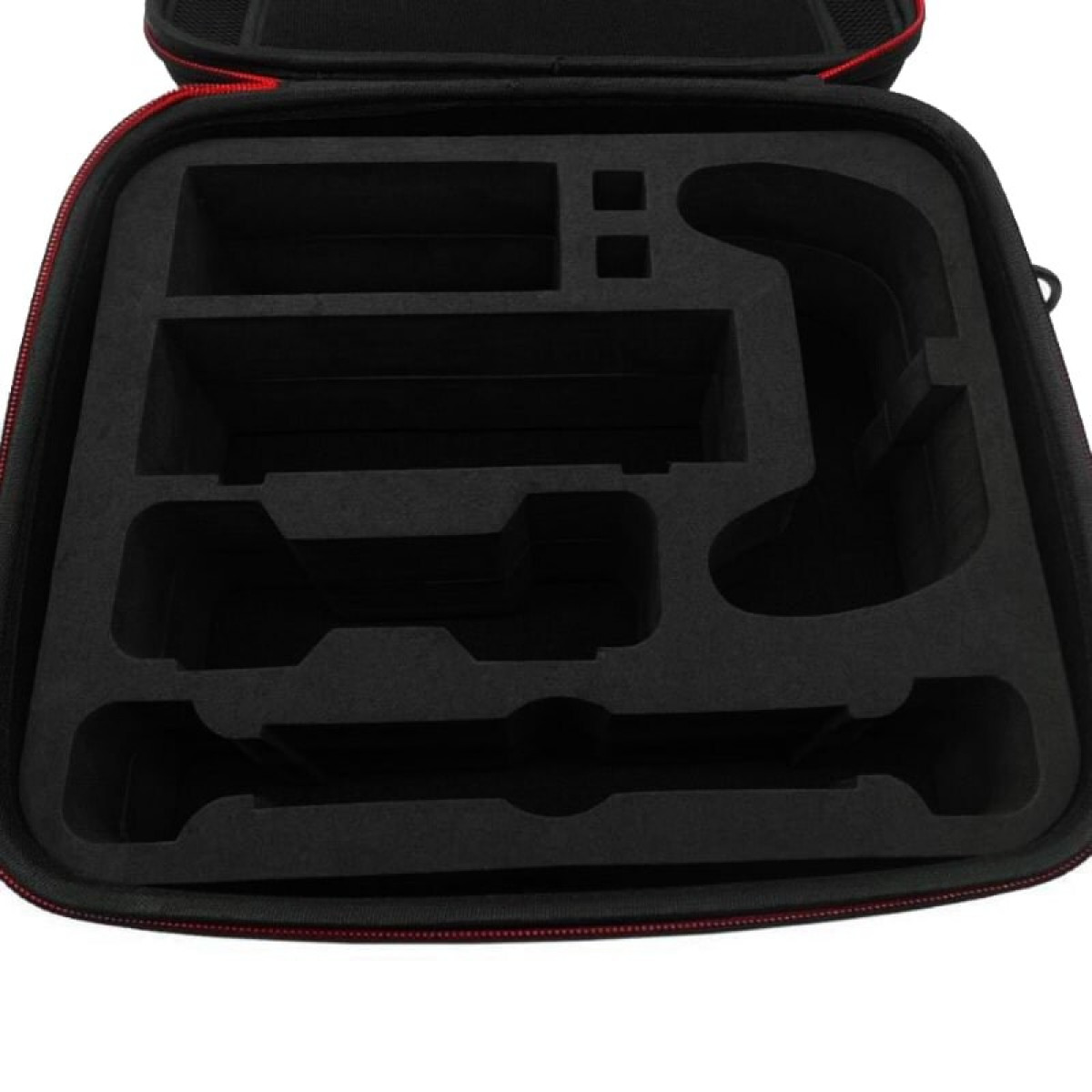 Black case with foam inserts for storage. Red trim. The top is opened.