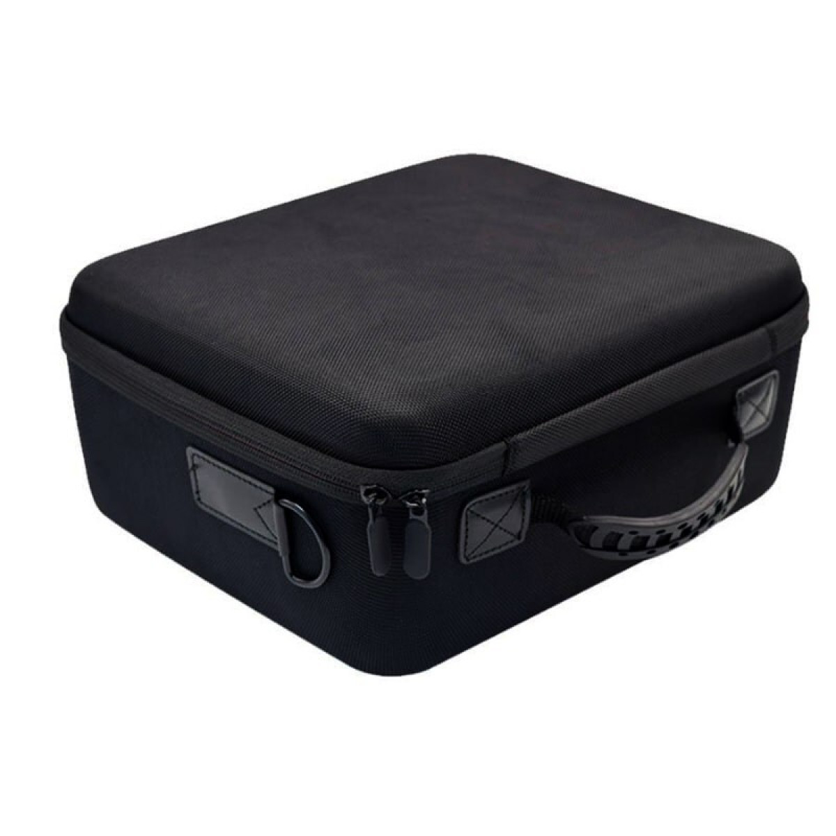 A black box. There is a zipper and a handle. Used for storing items.