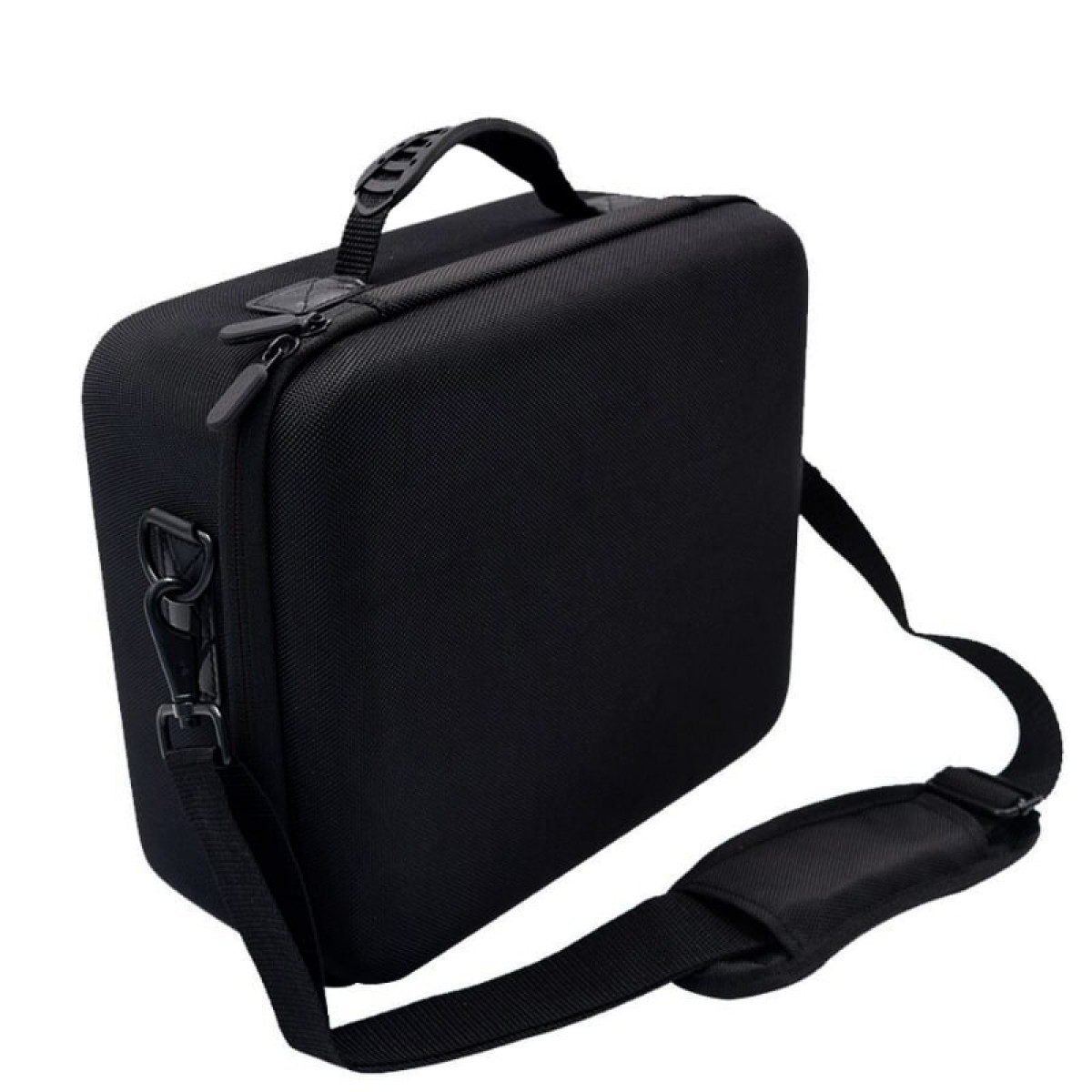 Black carrying case with handle and shoulder strap on white background. Zipped closure.