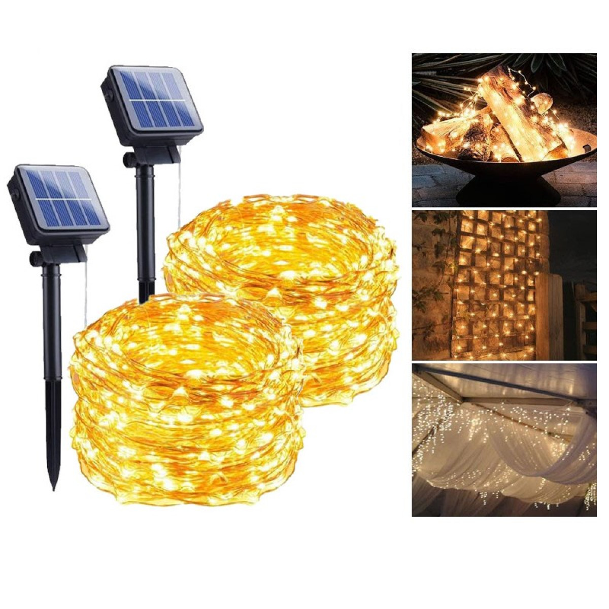 Oświetlenie łańcuchowe zasilane energią słoneczną i przykłady. Pokazuje dwa panele słoneczne i kilka podświetlonych łańcuchów świetlnych.