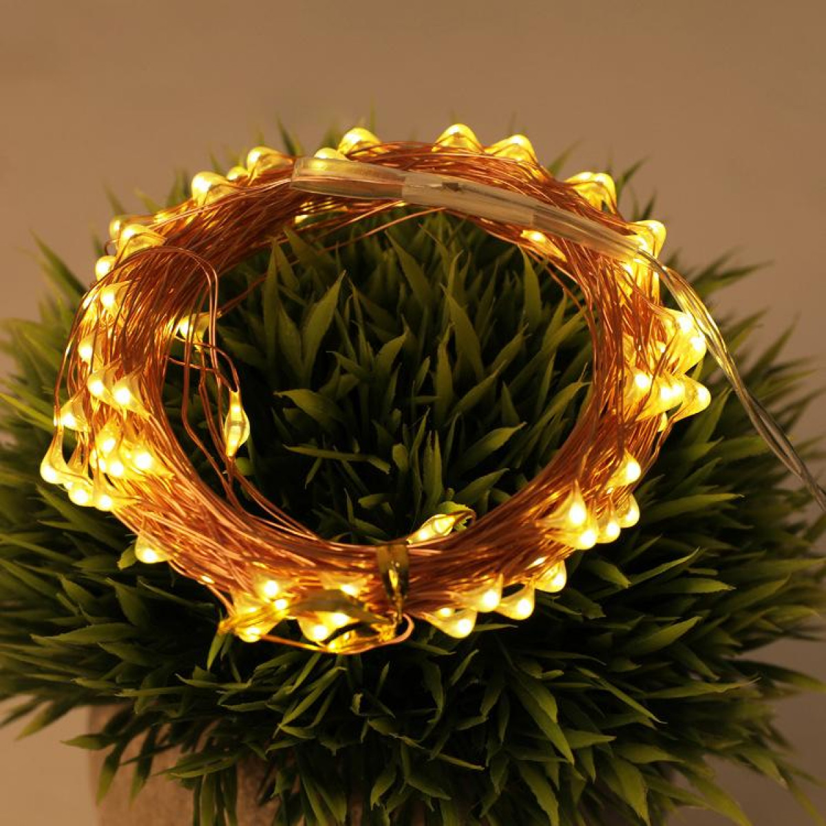 Szereg małych, ciepłobiałych diod LED owiniętych wokół zielonej sztucznej rośliny w doniczce.