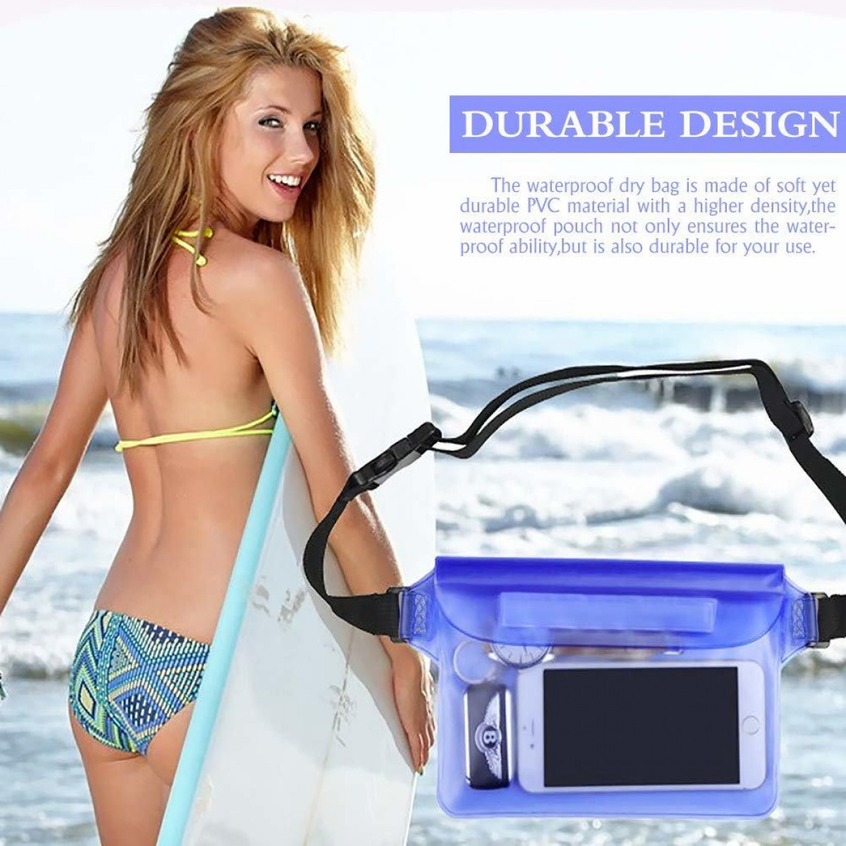 Kobieta z deską surfingową i niebieską wodoodporną torbą. Tekst: Trwały design.