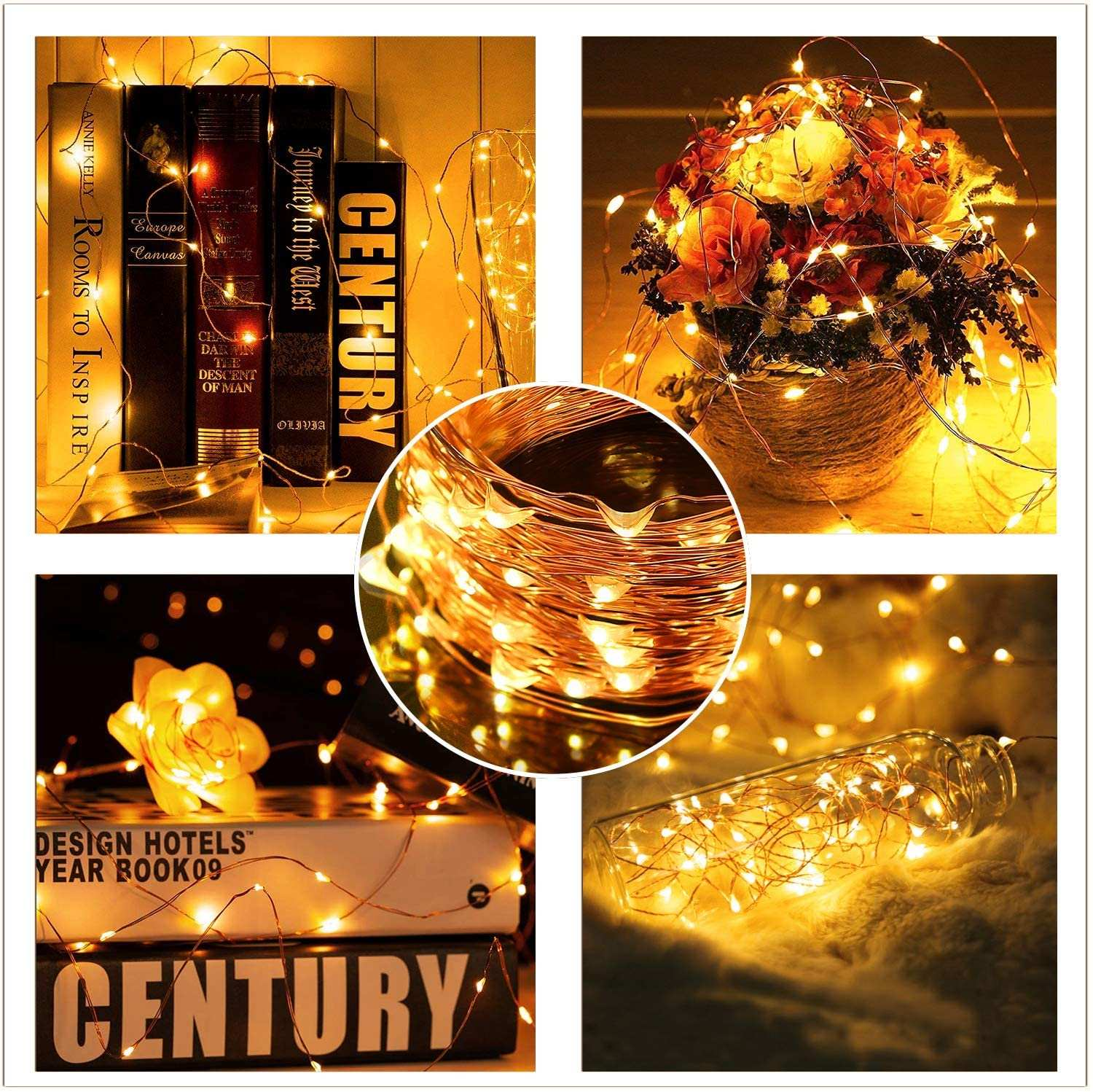 Cztery obrazy ze światełkami. Książki ze światełkami, kwiaty ze światłami, światła w butelce.