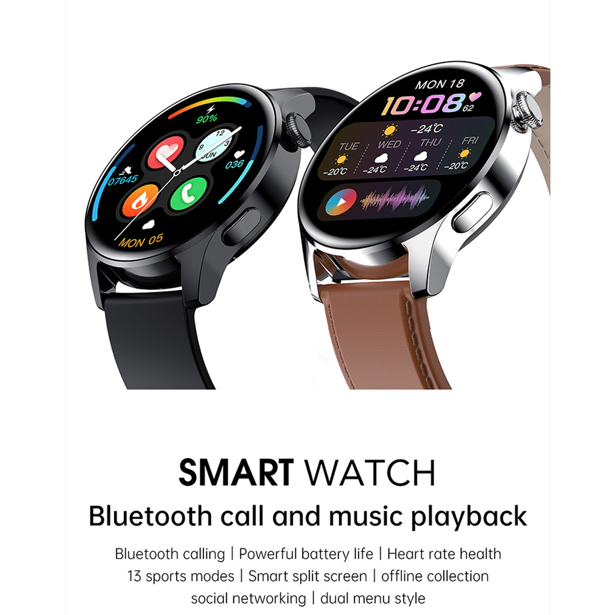 Zwei Smartwatches mit runden Zifferblättern, die Zeit und Gesundheitsmetriken anzeigen, mit Produktbeschreibung.