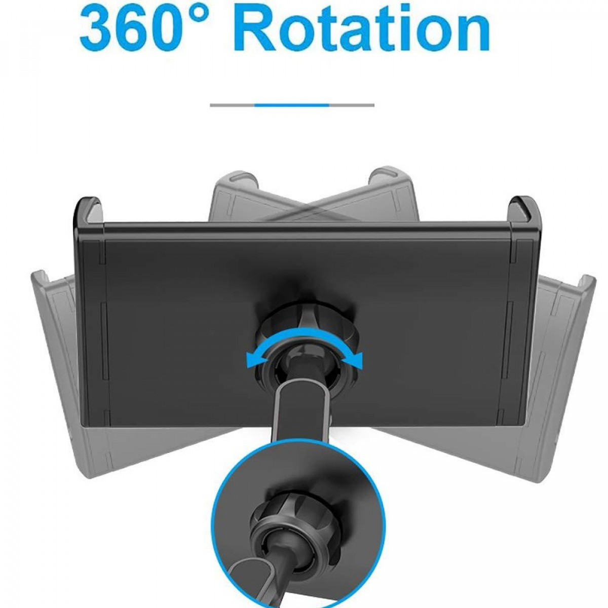 Czarny uchwyt na telefon pokazujący obrót 360 stopni, ze strzałkami wskazującymi ruch.