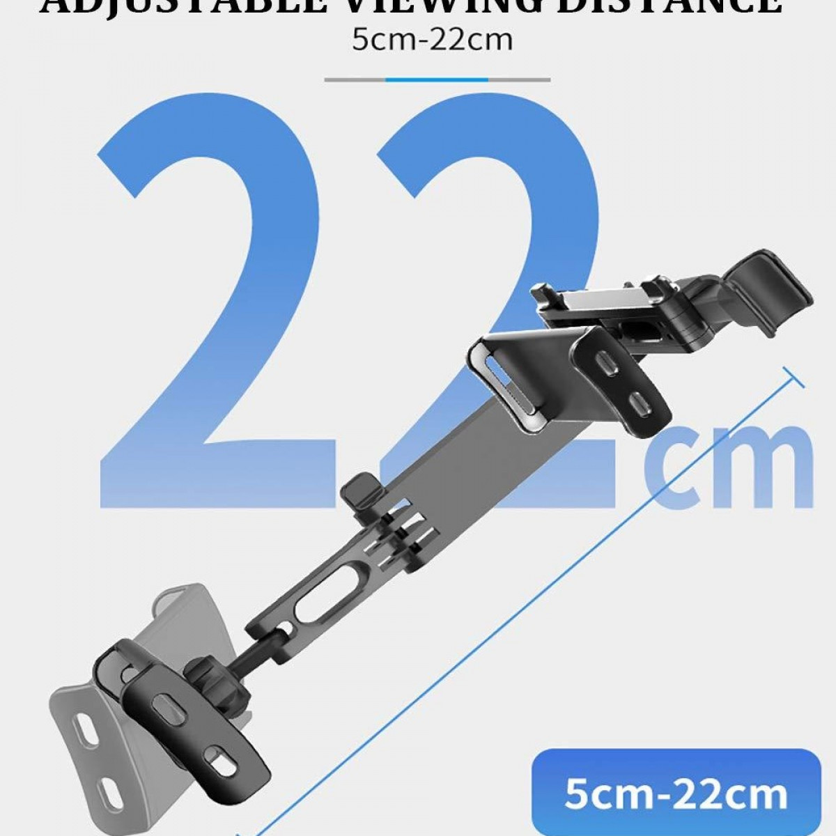Regulowany uchwyt na telefon pokazujący pomiar od 5 cm do 22 cm. Niebieskie tło.