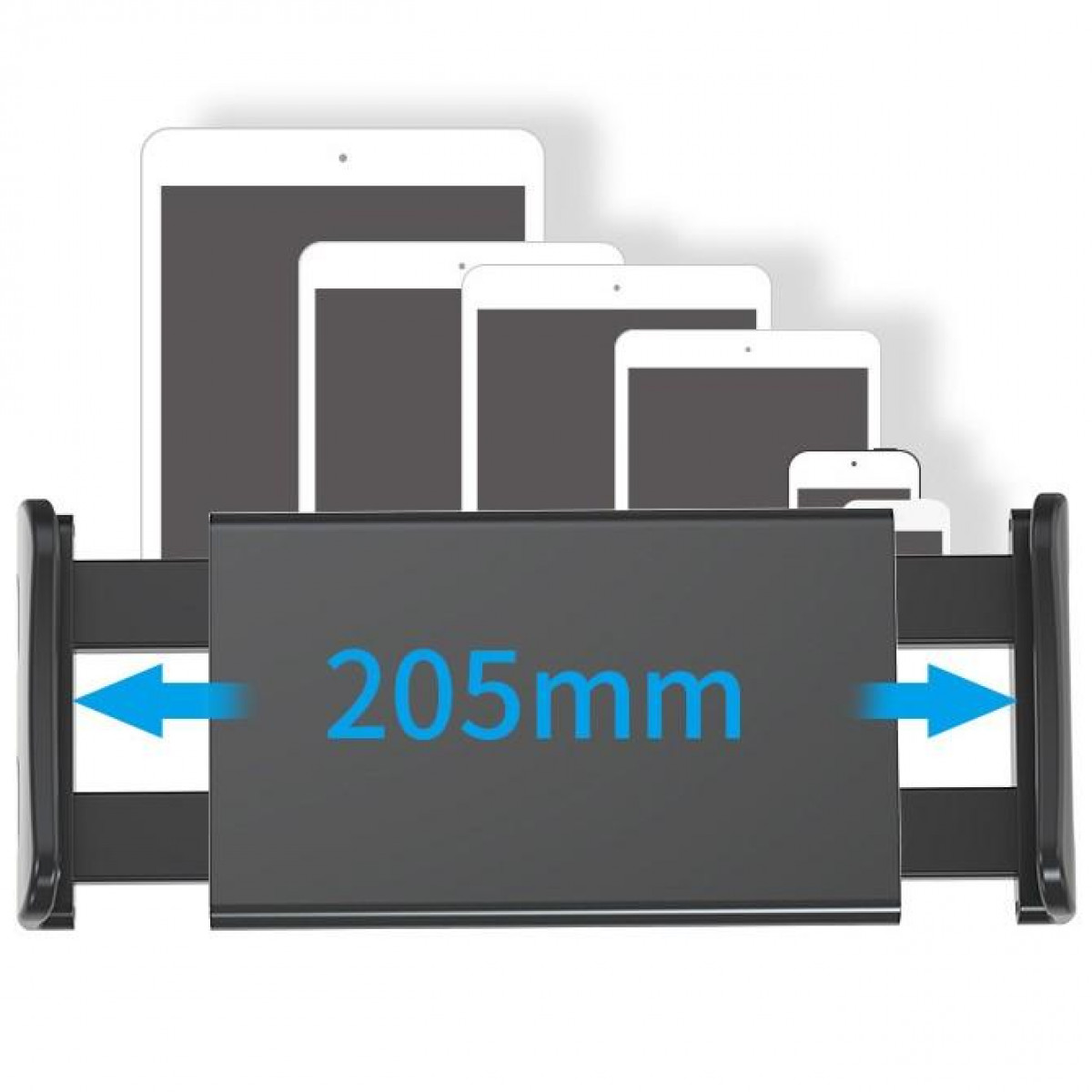 Czarny uchwyt na tablet, obsługujący tablety o różnych rozmiarach. Niebieskie strzałki wskazują szerokość.