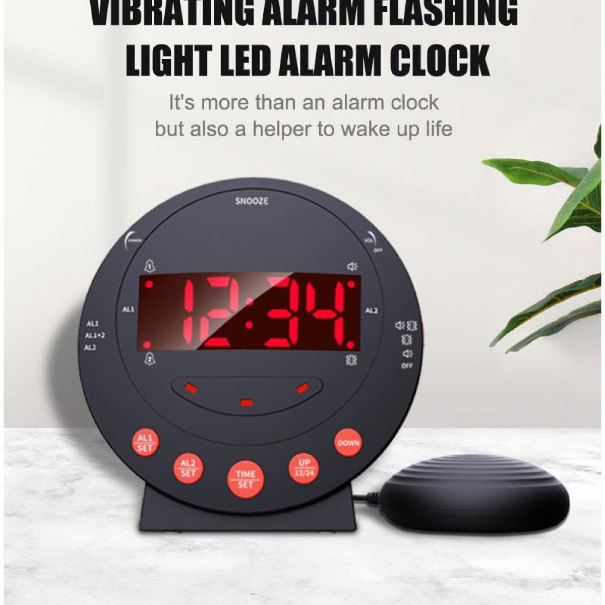 Czarny i czerwony cyfrowy budzik z dużymi czerwonymi cyframi, pokazujący godzinę 12:34.