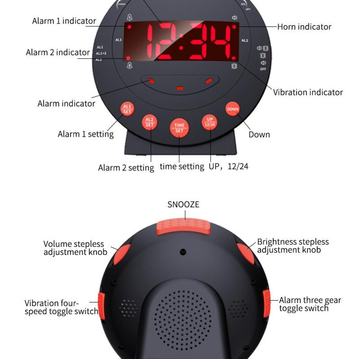 Budzik z wieloma przyciskami i wyświetlaczami. Widok z góry i z dołu z etykietami.