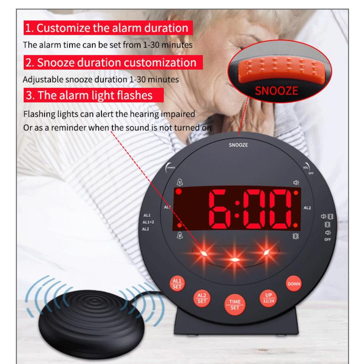 Czarny budzik z czerwonym wyświetlaczem i przyciskami. Funkcje obejmują konfigurowalny alarm i funkcję drzemki.