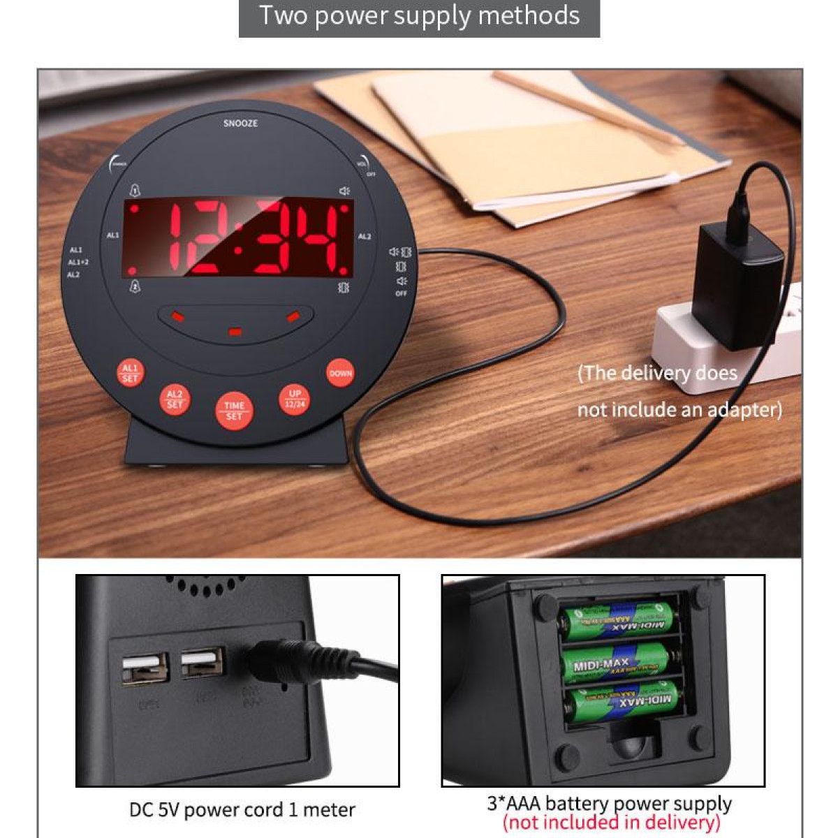 Cyfrowy budzik wyświetla godzinę. Ma przyciski do ustawiania godziny i alarmów.