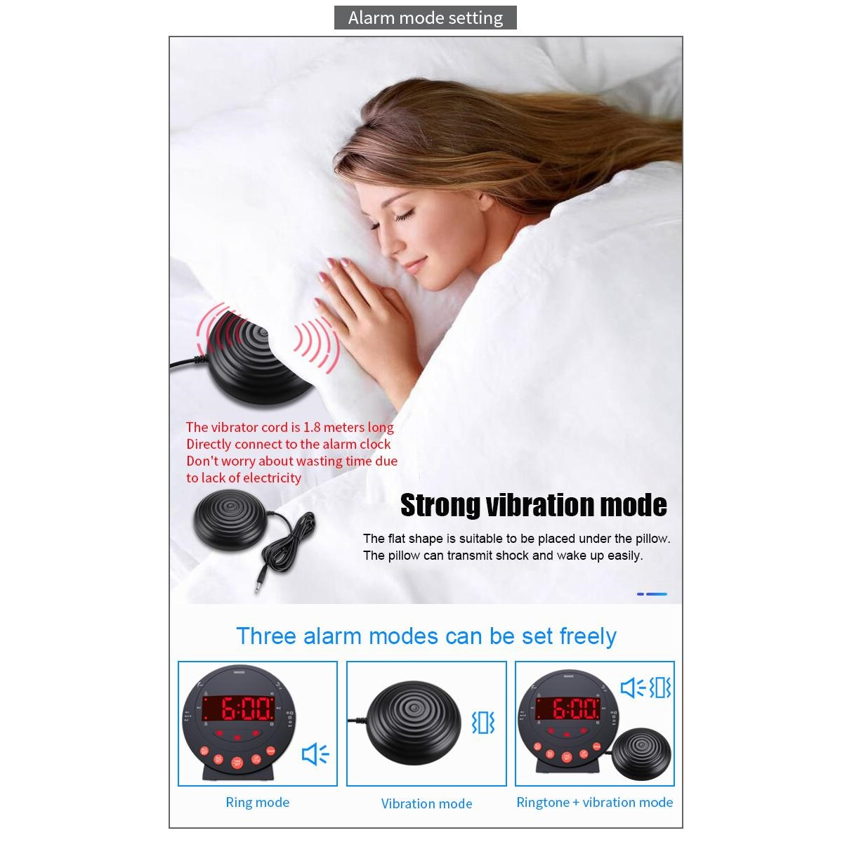 Kobieta śpiąca w łóżku z wibracyjnym budzikiem na stoliku nocnym z 3 trybami ustawień.