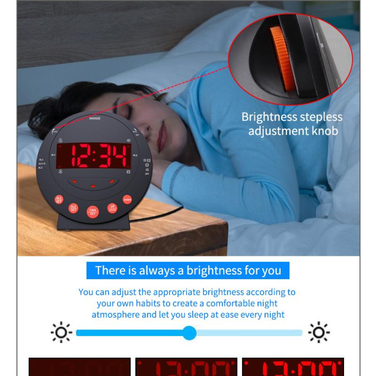 Budzik z czerwonym wyświetlaczem cyfrowym. Kobieta śpi w tle.