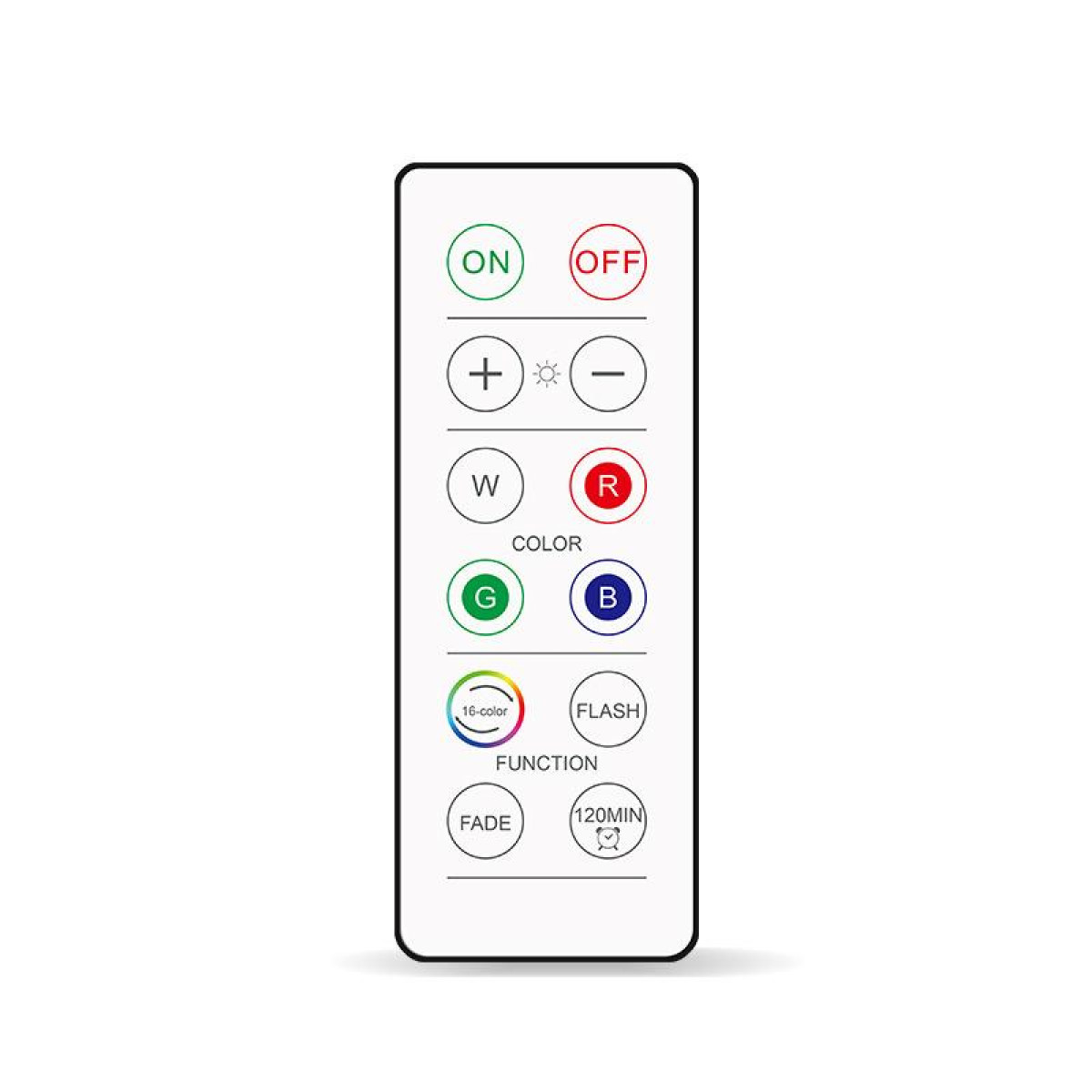 Mando a distancia con botones etiquetados como ON, OFF, opciones de color y función.