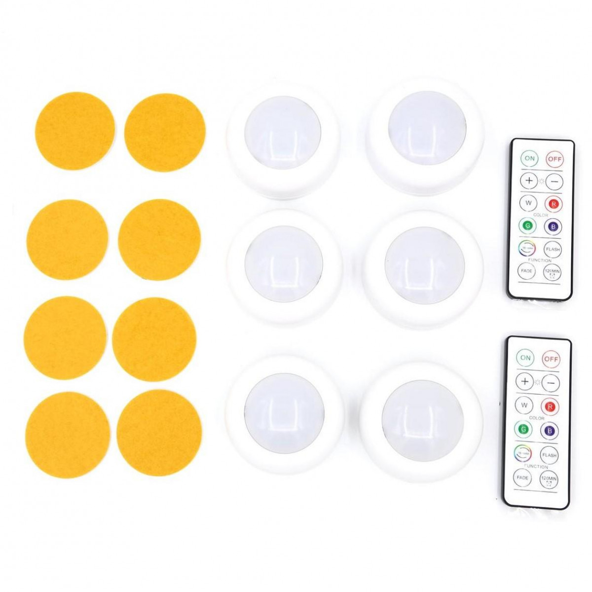 Juego de luces blancas tipo disco, almohadillas adhesivas amarillas y dos mandos a distancia.