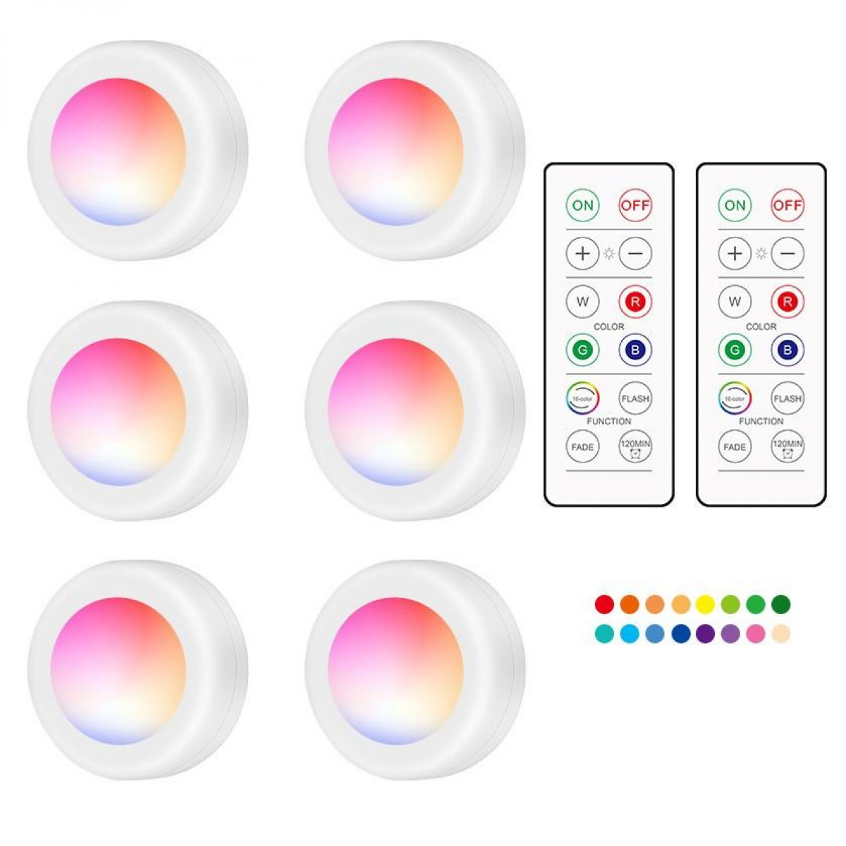 Seis luces LED redondas con opciones de color y mandos. Las luces ofrecen botones de color y función.