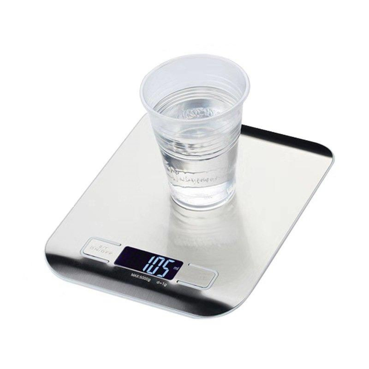 Cyfrowa waga kuchenna z kubkiem wody, wyświetlająca 105 ml.