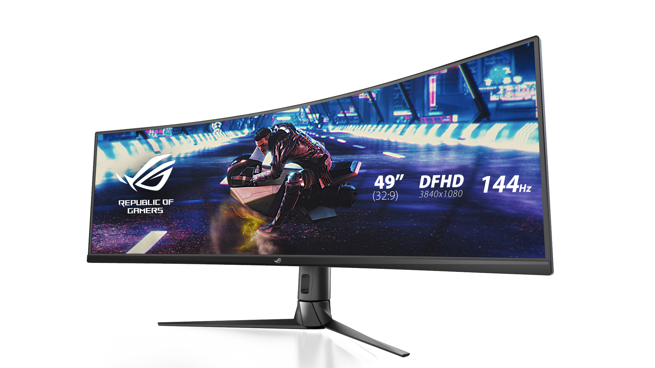 Zakrzywiony monitor z motocyklem. Szczegóły: 49", DFHD, 144Hz.