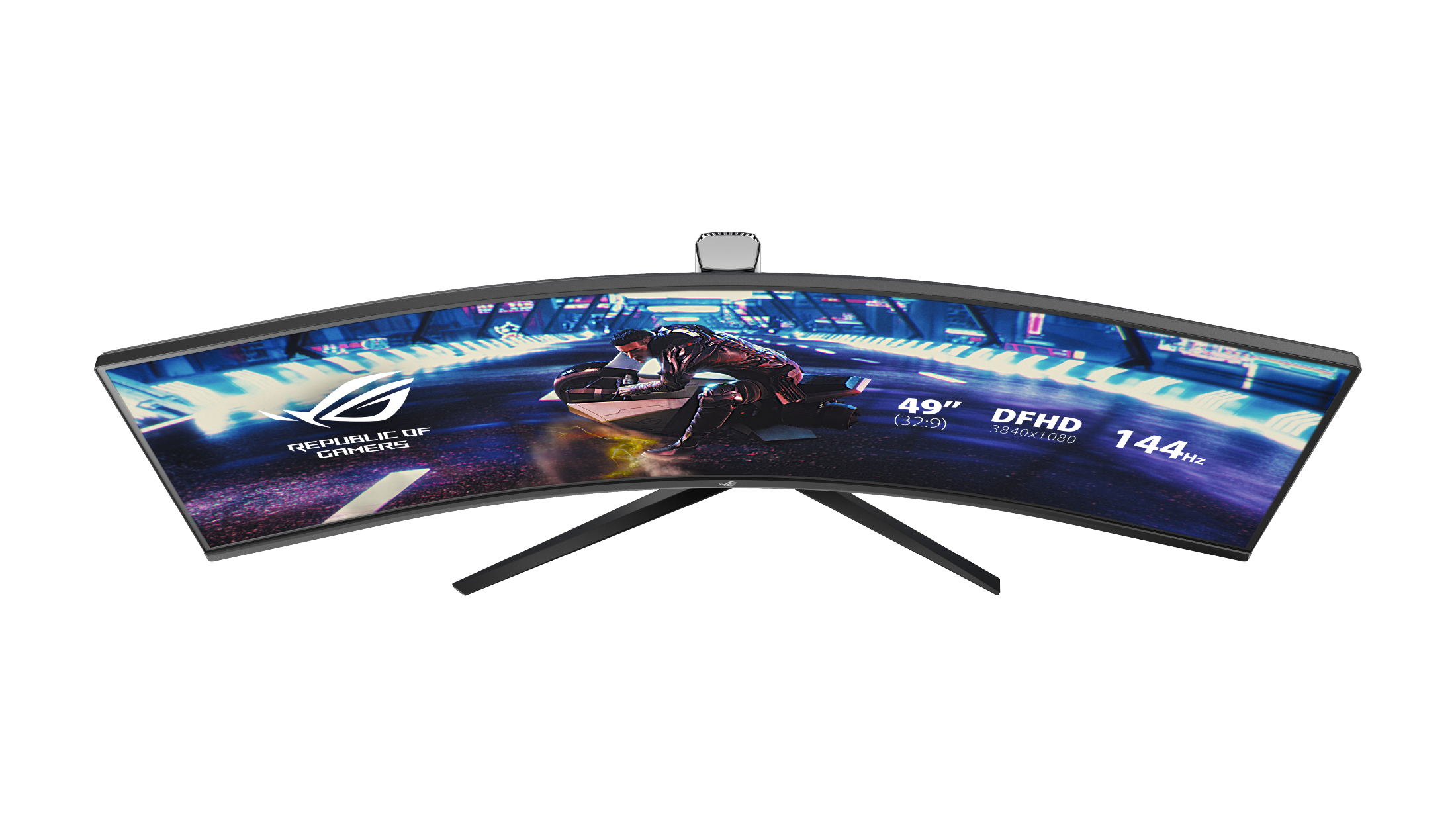 Zakrzywiony monitor do gier wyświetlający scenę z gry. Ze stojakiem i logo ROG na dole.
