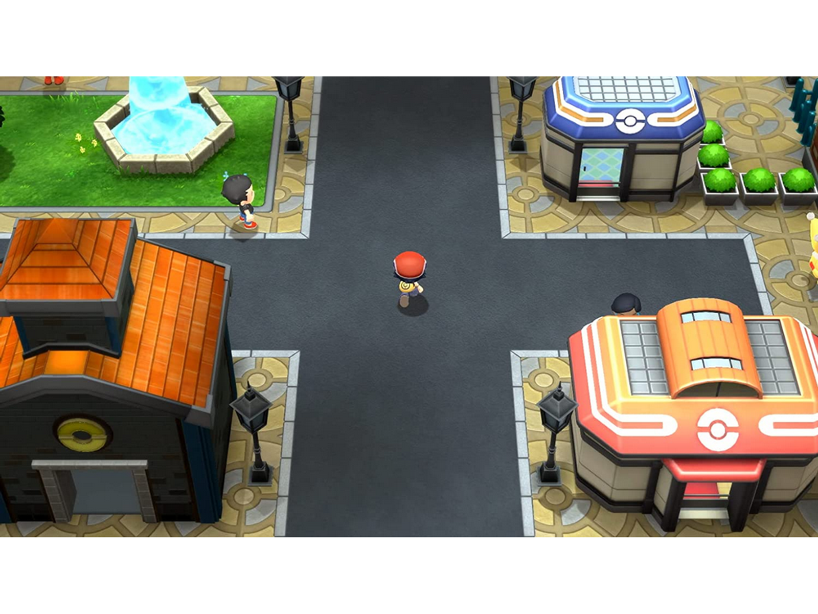 Una escena de videojuego que muestra a un personaje con un sombrero rojo caminando por una calle en una ciudad.