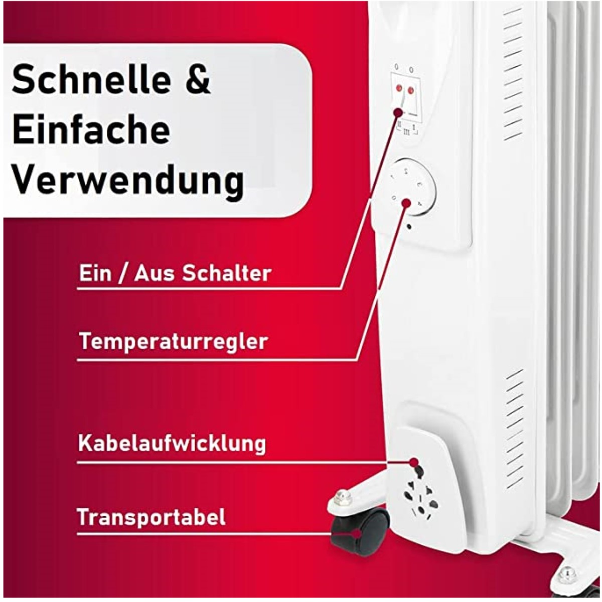 Ein weißer Elektroheizkörper mit beschrifteten Abschnitten für Strom, Temperatur und Kabelaufwicklung. Inklusive Tragegriff.