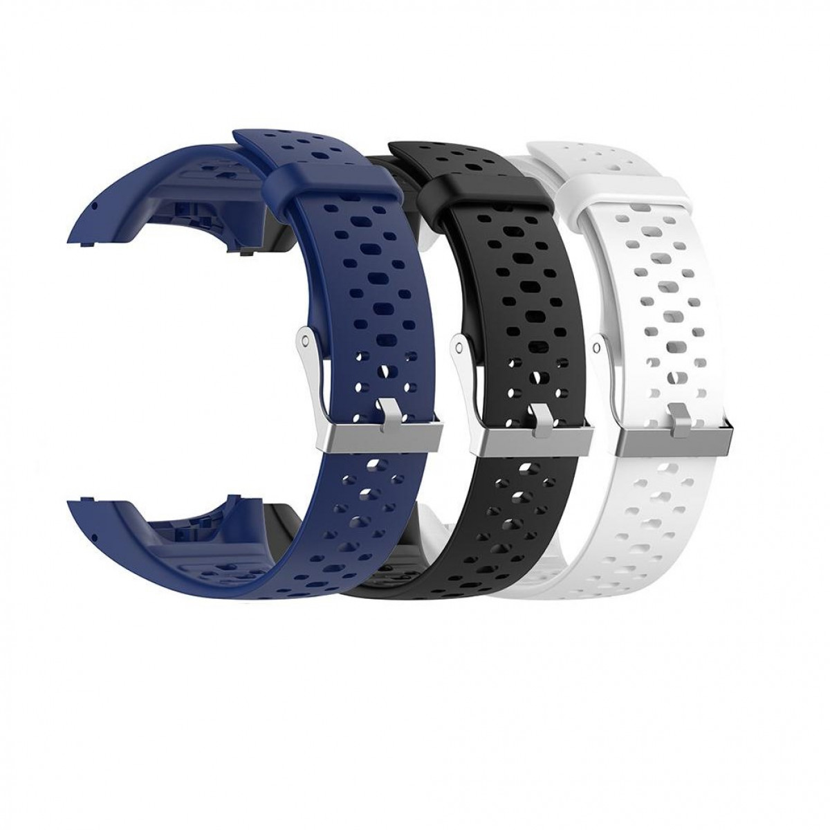 Drei Uhrenarmbänder in Blau, Schwarz und Weiß. Sie haben Löcher. Weißer Hintergrund.