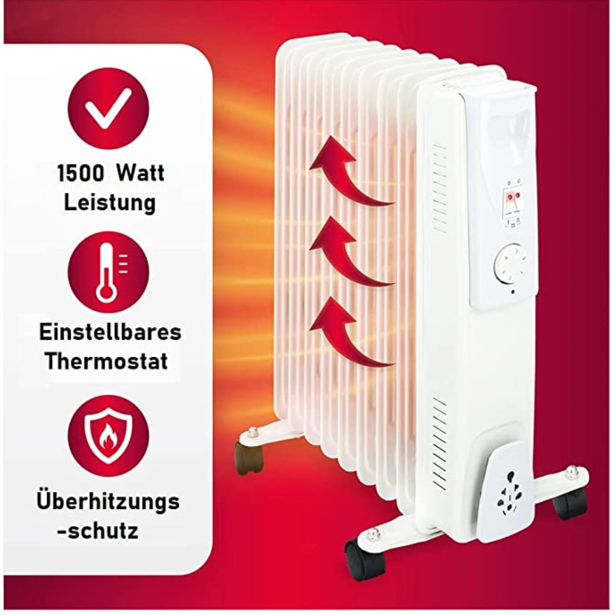 Weißer Heizlüfter mit rotem Hintergrund und Symbolen, die Funktionen beschreiben: 1500W, Thermostat, Überhitzungsschutz.