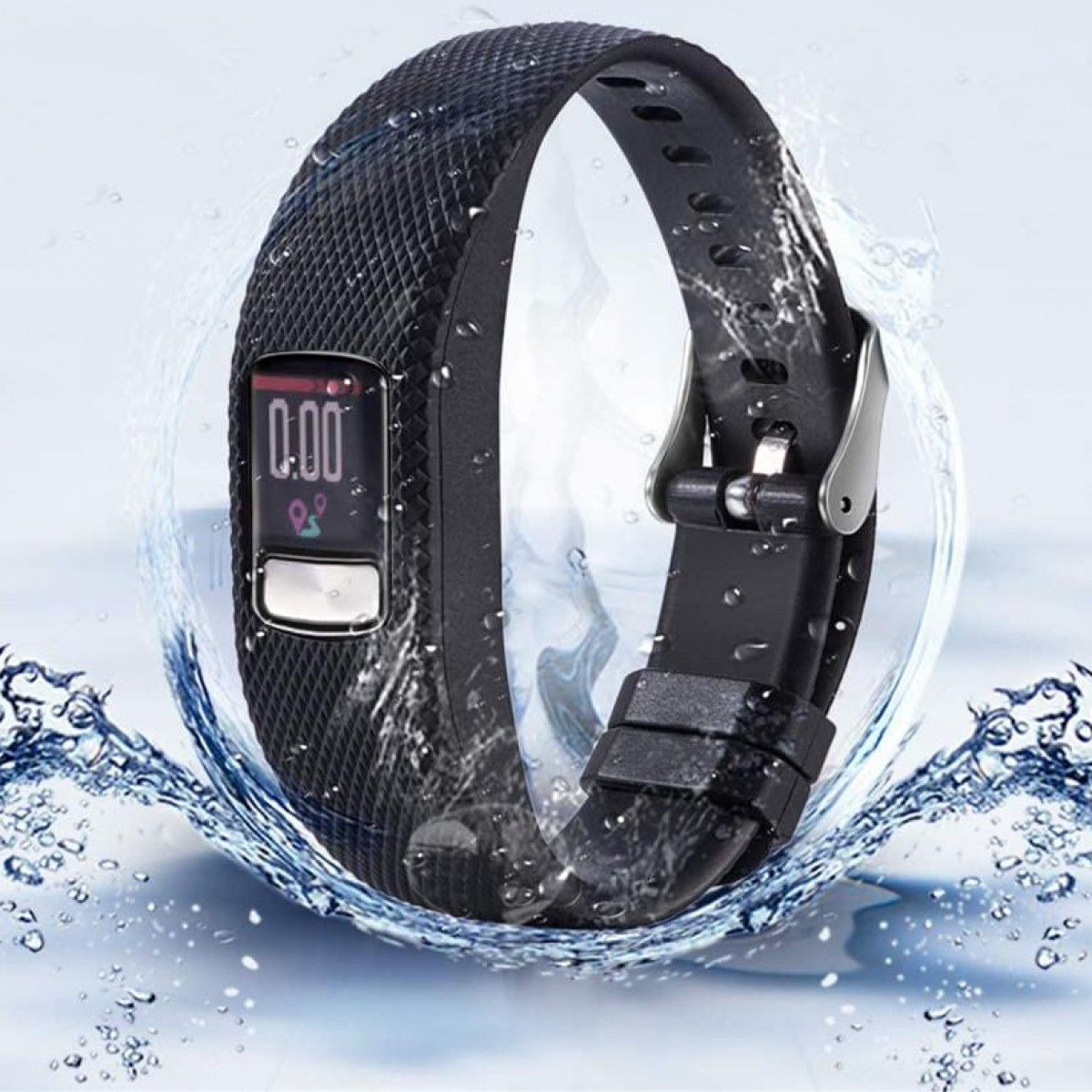 Czarny tracker fitness z cyfrowym wyświetlaczem i efektem rozprysku wody.