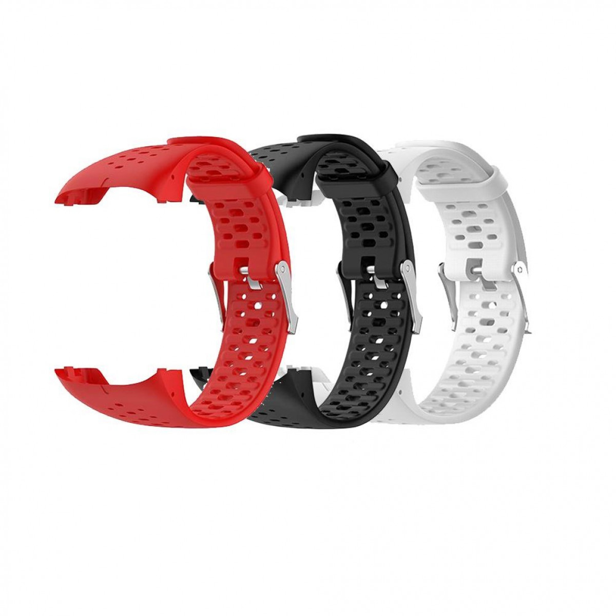 Drei Uhrenarmbänder in Rot, Schwarz und Weiß mit Metallschnalle. Alle nebeneinander, einsatzbereit.